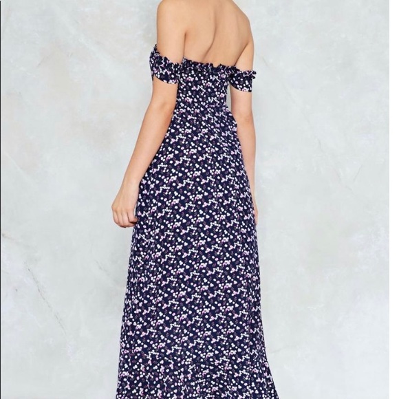 Reposh Chest area is a true small. Navy Floral Off Shoulder High Low Maxi Dress - Picture 2 of 5